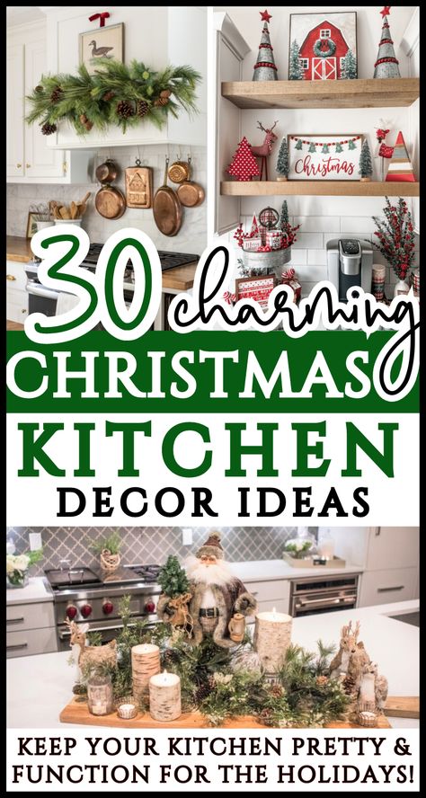 Do you need Christmas kitchen decorations ideas that won't get in your way? You can have a kitchen decorated for Christmas without sacrificing function! The kitchen is a busy place during the holidays - get ideas to decorate your kitchen cabinets, counters, & lots of spaces - and the Christmas decorations won't get in your way! These Christmas kitchen decor ideas are great even for small kitchens, too! Functional kitchens stylishly decorated for Christmas! Christmas Kitchen Inspiration, Christmas Kitchen Hood Decor, Christmas Kitchen Curtain Ideas, Christmas Tree For Kitchen, Garlic Hanging Kitchen, Kitchen Light Christmas Decor, Decorate Bar Stools For Christmas, Kitchen Christmas Tree Decorations, Oven Hood Christmas Decor