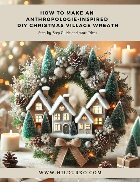 How to Make an Anthropologie-Inspired DIY Christmas Village Wreath - Colorful Conversations: HildurKO's Visual Journal Craft Show Wreath Display Ideas, Diy Mini Christmas Village, Diy Holiday Village, Diy Anthropologie Christmas Wreath, Christmas Village Wreath Diy, Anthropologie Christmas Diy, Christmas Village Upcycle, Anthro Inspired Christmas, Christmas Village Wreath