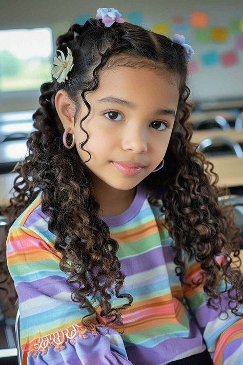 25 Cutest First Day of School Hairstyle Ideas Curly Girls Hairstyles Kids, Girl Curly Hairstyles Kids, Picture Day Hairstyles For Kids Curly, Little Curly Girl Hairstyles Kids, Curly Hairstyles Girls Kids, Curly Hairstyles For Girls Kids, Cute Hairstyles For Curly Hair Kids, Middle School Picture Day Hairstyles, Curly Girl Hairstyles Kids