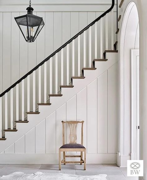 Shiplap Staircase Wall, Basement Railing, Batten Staircase, Shiplap Staircase, Shiplap Trim, Beth Webb, Wainscoting Hallway, Vertical Shiplap, Stair Walls