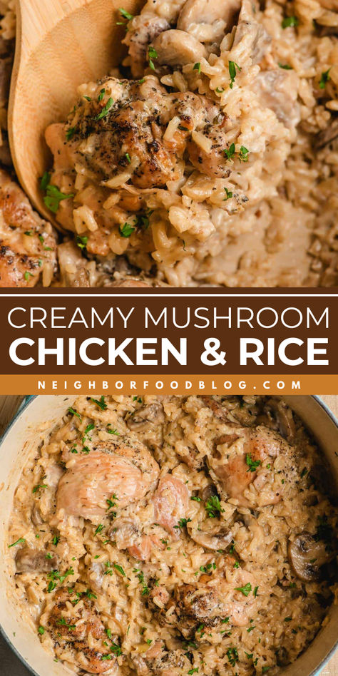 Creamy Mushroom Chicken and Rice is an easy one pot meal with layers of rich flavor. This is the ultimate comfort food recipe for cold and dreary days! Chicken And Wild Rice Crockpot Recipes, Creamy Chicken Mushroom Wild Rice, Mushroom Chicken Over Rice, One Pot Mushroom Chicken And Rice, Chicken Mushroom Rice Crockpot, Crockpot Mushroom Chicken And Rice, Creamy Mushroom Crockpot Chicken, Chicken Potatoes And Mushrooms, Creamy Rice Dishes