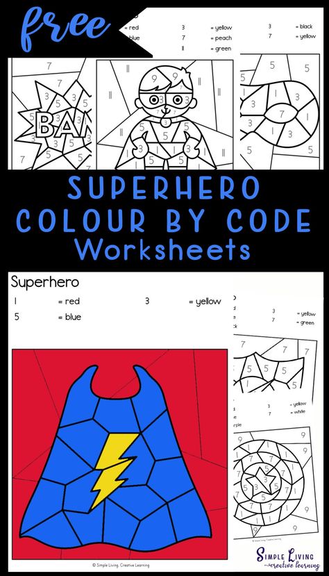 These Superhero Colour by Code Worksheets are an engaging way to practice number and colour recognition while working on fine motor skills. https://simplelivingcreativelearning.com/superhero-colour-by-code-worksheets/ Superheroes Activities, Study Craft, Superhero Classroom, Math Printables, Color By Numbers, Math Numbers, Color By Number, Learning Colors, Math Ideas