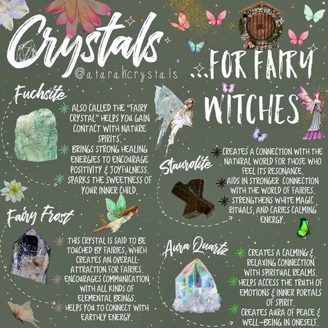 How To Attract Fairies, Fairy Witchcraft, Crystal Witch Aesthetic, Fairy Witch Aesthetic, Fairy Tips, Faery Witchcraft, Faerie Witchcraft, Beginner Witch Crystals, Offerings For Fairies