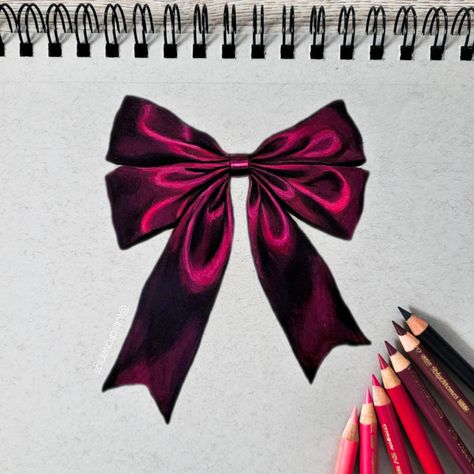 Insta: @juls.drawings Realistic Bow Drawing, Watercolor Art Objects, Graphic Design Drawings, Drawing Inspo Colored Pencil, Realistic Prismacolor Drawings, Drawing Ideas Pencil Colour, Prisma Color Drawings, Cute Bow Drawing, Objects To Draw