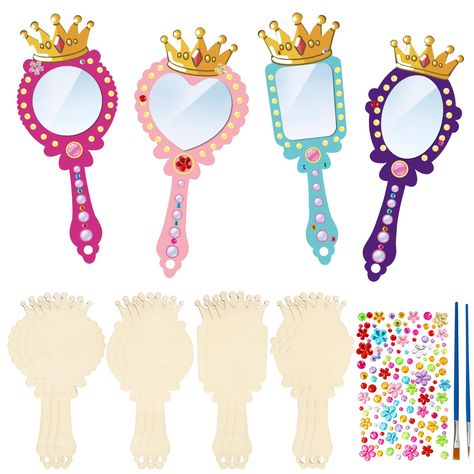 PRICES MAY VARY. Princess Craft for Kids: This wooden DIY mirror includes 12 x unfinished wooden princess cutout , 12 x mirrors (3 each of round , trapezoids, ovals and hearts), 2x paiting brushes(there no paint included) ,1x rhinestone sticker, enough for princess parties and princesses to make unfinished wooden mirrors together. Through party activities, you can share this princess mirror with friends and spend time together. Make Your Own Mirror: Our kids wooden princess mirror painting offer Wooden Hand Mirror, Mirror Craft, Princess Mirror, Princess Painting, Princess Crafts, Princess Theme Birthday, Princess Party Decorations, Princess Theme Party, Mirror Crafts