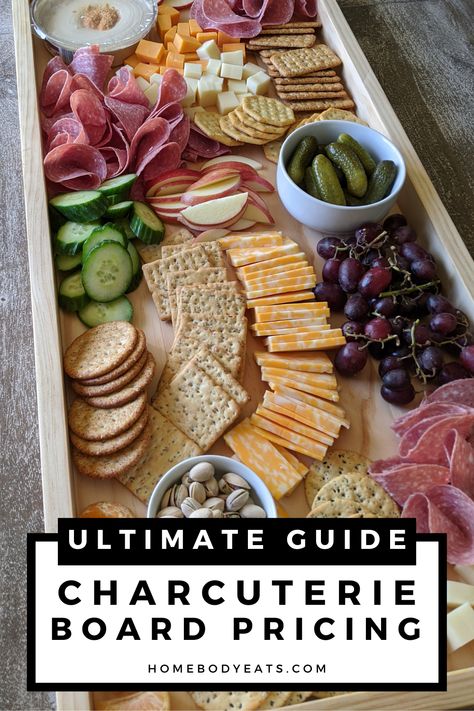 If you love building charcuterie and cheese boards, this post will help you learn about the cost of ingredients and supplies. Plus, I'll teach you the proper serving sizes to help you plan the perfect board. Want to sell charcuterie boards? A suggested pricing guide is included! Char Cuterie Board, Long Charcuterie Board Diy, Charcuterie How To Build, Charcuterie Box Sizes, How To Price A Charcuterie Board, Charcuterie Board Sizes, How To Plan A Charcuterie Board, Charcuterie Board Supplies, Charcuterie Calculator