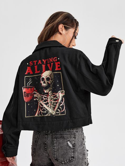 Grunge Hooded Outerwear With Letter Print, Halloween Denim Jacket, Halloween Grunge Outerwear With Skull Print, Horror Jacket, Edgy Black Denim Jacket With Graphic Print, Skull Jacket, Skull Denim Jacket, Halloween Jacket, Skeleton Pattern