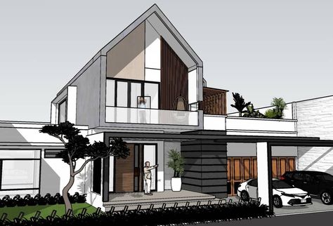 Tropical Scandinavian House, Modern Tropical House Facade, Scandinavian Facade, Sketchup Warehouse, Tropical Houses Architecture, Ensuite Room, Elevated House, Modern Bungalow House Design, Modern Tropical House