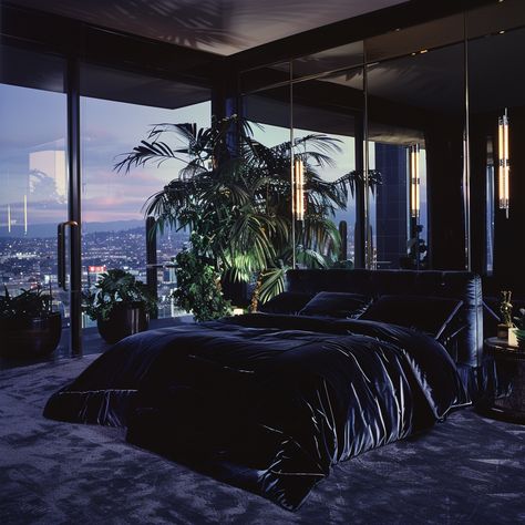 Bonito, Dark Aesthetic Room, 80s Apartment, Bedroom Luxury Modern, Dream Penthouse, Black Bedroom Aesthetic, 80s Room Aesthetic, 1980s Interior, 90s House