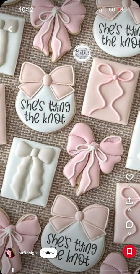 Coquette Cookies Aesthetic, She’s Tying The Knot Bridal Cookies, Bow Cookies Royal Icing, Pink Bow Cookies Decorated, Coquette Cookies Decorated, Tea Party Decorated Cookies, Tying The Knot Cookies, Coquette Sugar Cookies, Bow Cookies Decorated