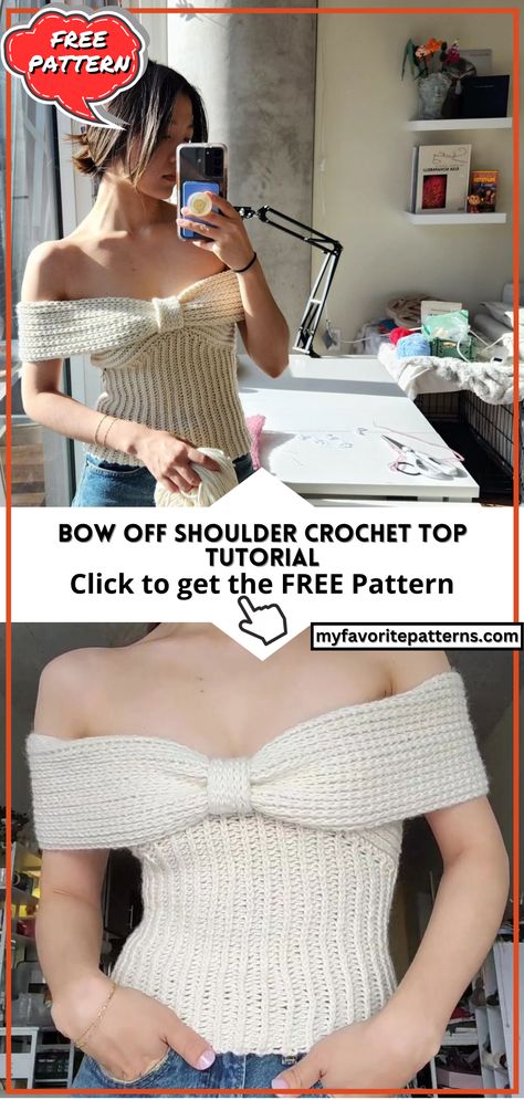 Bow Off Shoulder Crochet Top Tutorial Crochet Off Shoulder Top, Off Shoulder Diy, Shoulder Crochet Top, Crochet Top Tutorial, Off Shoulder Crochet, Crochet Blanket Stitch Pattern, Sweater Tutorial, Learn Crochet, Unique Sweater