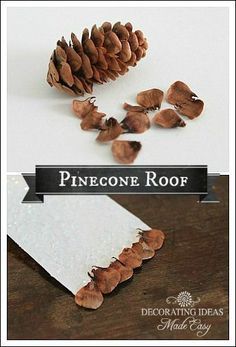 TUTORIAL - how to make a pinecone roof using pine cone scales - great accent for fairy garden houses! - Snow Village Lamp - Fillable glass lamp idea using homemade Putz houses! #MiniGarden Fence Out Of Sticks, Diy Miniature Mushrooms, Diy Fairy Garden Accessories Handmade, Hidden Fairy Garden, Tea Cup Fairy Garden Ideas Diy, Stump Fairy Garden Ideas, Diy Gift Crafts Handmade, Dnd Crafts Diy Easy, Medieval Miniatures Diy