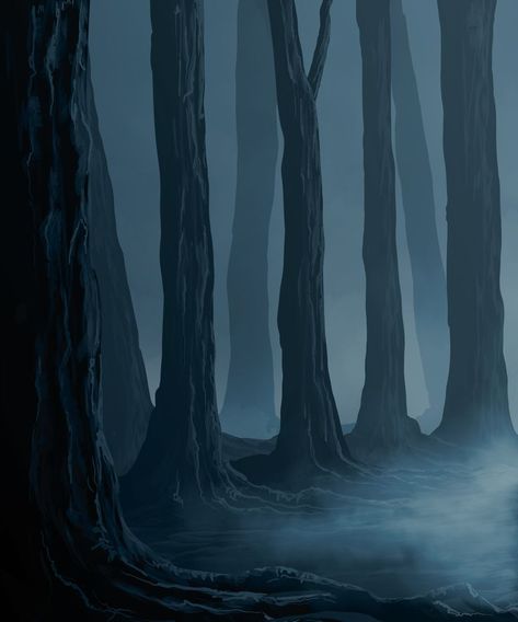 Dark Landscape Drawing, Cold Colors Painting, Cold Painting, Painted Forest, Paint Forest, Forest Art Drawing, Mist Drawing, How To Draw Mist, Draw Forest