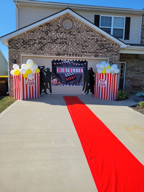 Made these giant popcorn boxes for Movie night props Movie Theater Party Ideas Diy, Movie Night In The Park Ideas, Movie Theme Birthday Party Costume, Popcorn Movie Birthday Party, Outdoor Movie Theater Backyard Party, Outside Movie Night Birthday Party Ideas, Backyard Movie Party Decorations, Outdoor Movie Decor, Diy Backyard Movie Night Ideas