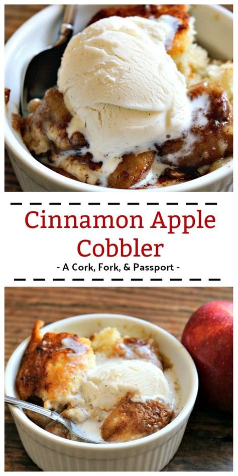 An easy and delicious homemade dessert with cinnamon and fresh apples baked in a cake-like batter, perfect for fall.  #fallrecipe #apples #dessert #cobbler Apple Cobbler For One, Rich’s Department Store Recipes, Cinnamon Apple Cobbler Recipe, Classic Desserts American, New Thanksgiving Recipes Dessert, Thanks Giving Food Thanksgiving, Apple Baked Goods Recipes, Desserts With Chili, Thanksgiving Dessert For Two