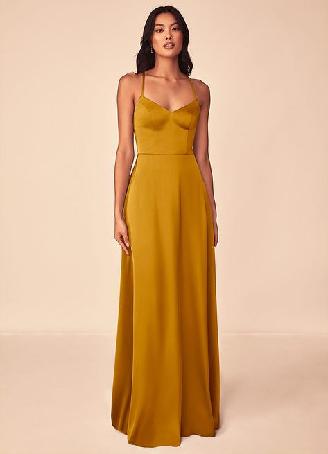 Azazie Mei Stretch Satin Dress Bridesmaid Dresses | Azazie Mustard Formal Dress, Butterscotch Bridesmaid Dresses, Mustard Dress Outfit Wedding, Mustard Yellow Dress Outfit Wedding, Mustard Yellow Long Dress, Mustard Yellow Bridesmaid Dresses, Dark Yellow Dress, Sunset Bridesmaid Dresses, Marigold Bridesmaid Dresses