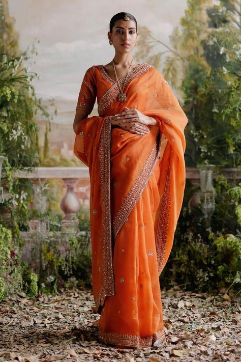 Orange Organza Saree, Gold Silk Saree, Eye Embroidery, Haldi Outfits, Burnt Orange Weddings, Saree And Blouse, Saree Floral, Orange Saree, Eternal Beauty