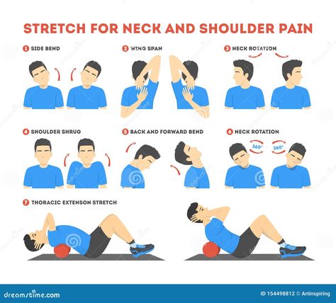 Neck and shoulder exercise. Stretch to relieve neck pain. Idea healthy and active lifestyle. Shoulder shrug and head tilt. Easy office workout. Isolated vector illustration in cartoon style Head And Neck Exercises, Shoulder Streching Excersise, Neck Extension Exercise, Board Shoulders, Head Stretches, Neck Strengthening Exercises, Head Exercises, Mckenzie Exercises, Pt Exercises