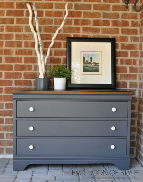 Dresser in Queenstown Gray Milk Paint | General Finishes Design Center Gray Dresser Makeover, Pocket Painting, Refurbished Dresser, Gray Dresser, Diy Dresser Makeover, Grey Dresser, Dressers Makeover, Diy Dresser, Furniture Rehab