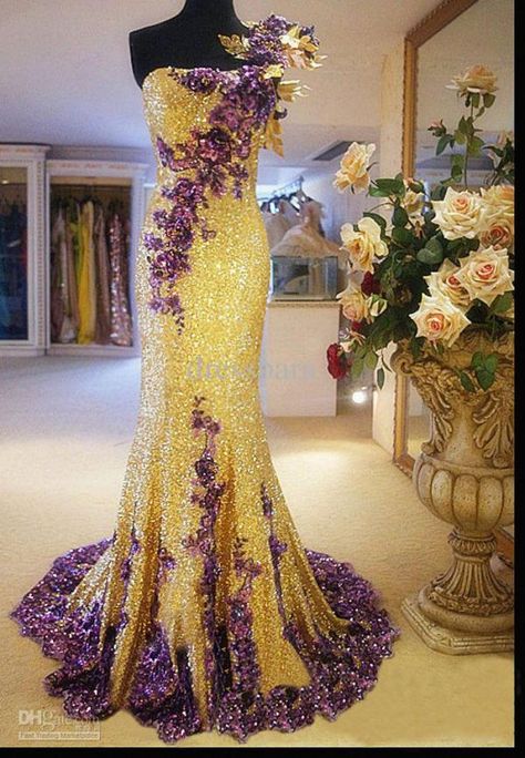 gold and purple gown Purple And Gold Wedding Dress, Purple And Yellow Dress, Yellow Pictures, Elven Wedding, Gold Prom Dress, Neon Prom Dresses, Yellow Wedding Dress, Purple And Gold Wedding, Gold Prom