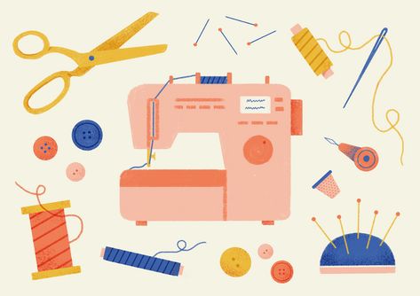 Sewing Supplies on Behance Object Pattern Design, Sewing Machine Illustration Art, Sewing Materials Drawing, Vintage Sewing Illustration, Sewing Infographic, Art Supplies Illustration, Sewing Illustration Art, Sewing Branding, Sewing Logos