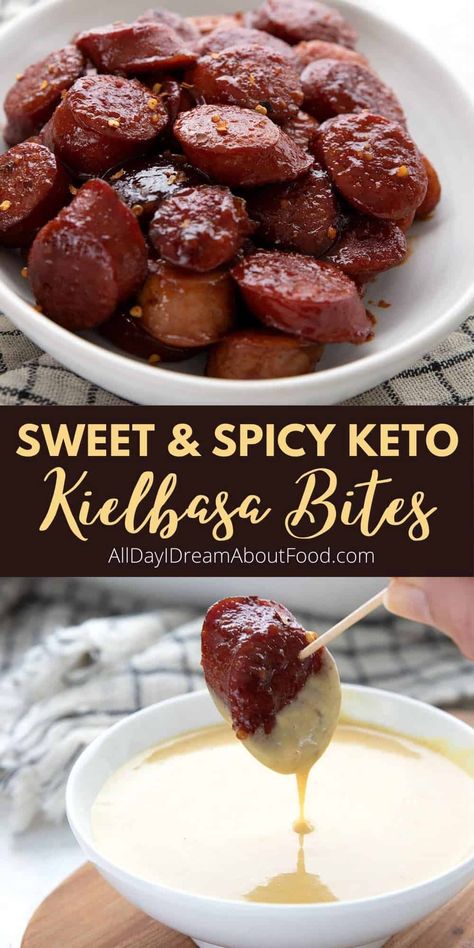 These sweet and spicy Kielbasa Bites are the perfect keto appetizer recipe. So easy to make, they're sure to be the hit of your next party. But you might want to keep them all for yourself! Keto Kalbasa Recipes, Low Carb Meals With Kielbasa, Sweet And Spicy Kielbasa Bites, Keto Football Appetizers, Keto Mexican Appetizers, Keto Sausage Bites, Keto Orderves Appetizers, Keto Birthday Party Food, Keilbasa Recipes Easy Keto