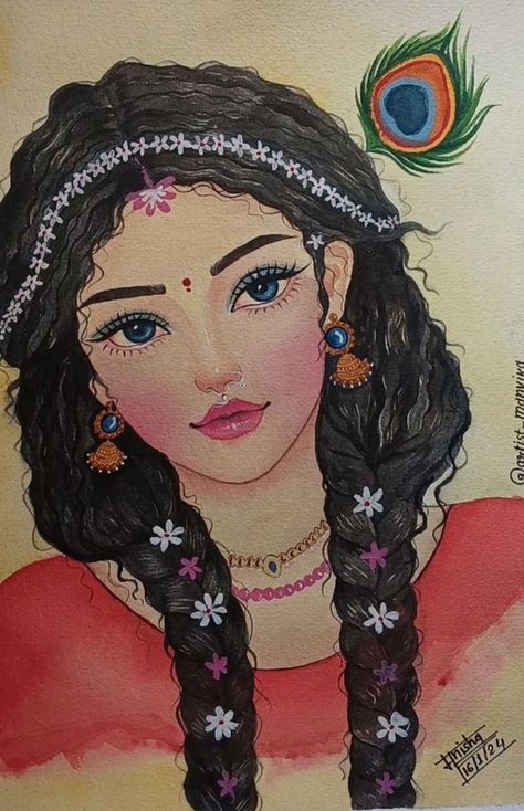 Radha Animated Images, Radhe Rani Pics, Radha Painting Easy, Radha Ji Painting, Sanatani Girls Aesthetic, Radha Ji Drawing, Radha Rani Paintings, Krishna Images Drawing, Krishna Ji Sketch