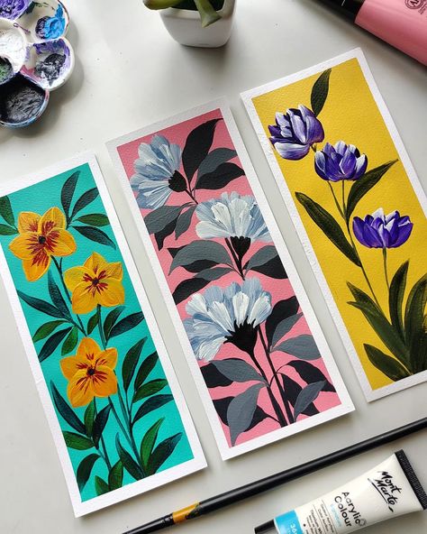 Gouache Painting Bookmark, Himi Gouache Art Simple, Bookmarks Acrylic Paint, Gouache Bookmarks Ideas, Bookmark Painting Ideas Acrylic, Painted Bookmarks Acrylic, Gouache Bookmark, Painted Bookmarks, Art Knowledge