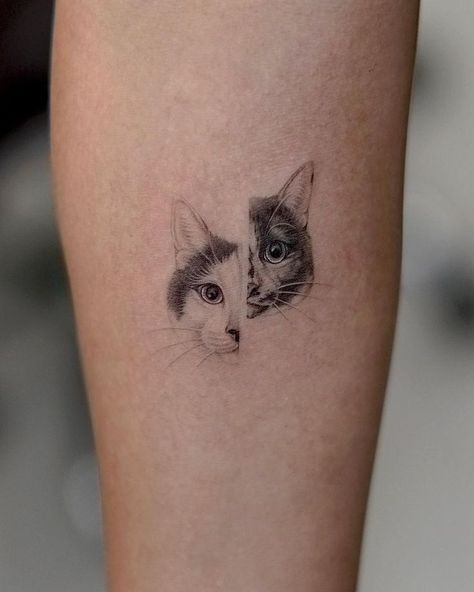 Cute Pet Tattoo Ideas, Tattoo Of Two Cats, Cat Idea Tattoo, Two Cats Tattoo Ideas, Cat Lion Tattoo, Tattoos Of Pets, Small Two Cat Tattoo, Small Cat Portrait Tattoo, Simple Cat Portrait Tattoo