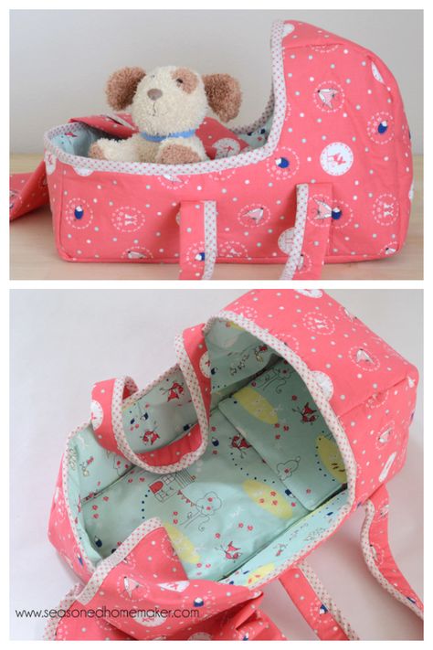 Baby Doll Basket Pattern Free, Reborn Doll Accessories Diy, Doll Diaper Bag Pattern Free, Doll Carrier Sewing Pattern, Baby Doll Carrier Pattern, Doll Carrier Pattern, Basket Sewing Pattern, Doll Bassinet, Baby Doll Carrier