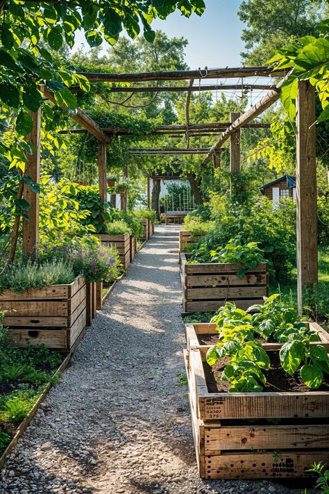 Rustic Garden Pergola, Big Veggie Garden, House Gardens Ideas, Dream Veggie Garden, Garden With Vegetable Patch, Farm Style Garden Ideas, Vegetable Garden With Seating Area, Large Food Garden, Horizontal Garden Ideas