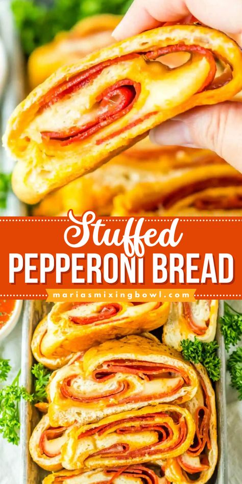 Learn how to make Stuffed Pepperoni Pizza Bread! This 4th of July appetizer recipe is so easy. Wonderfully cheesy and fun to eat, this pepperoni stuffed bread is sure to be a hit! Serve this party food idea with marinara sauce! Pepperoni Roll Appetizers, Easy Stuffed Bread Recipes, Pepperoni Rolls With Pizza Dough, Stuff Bread Recipes, Stuffed Breads Recipes, Pepperoni Bread With Pizza Dough, Peporoni Rolls, Pizza Bread Recipe Easy, Bread Ring Recipes