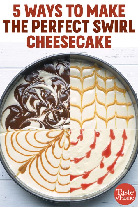 Decorating Top Of Cheesecake, Caramel Swirl Cheesecake Recipes, Cheesecake With Chocolate Swirl, Fancy Cheesecake Decorations, Cheesecake Garnish Ideas, How To Make Swirls On Cake, Cheesecake Swirl Recipes, Chocolate Swirl Cheesecake Recipes, Cherry Swirl Cheesecake