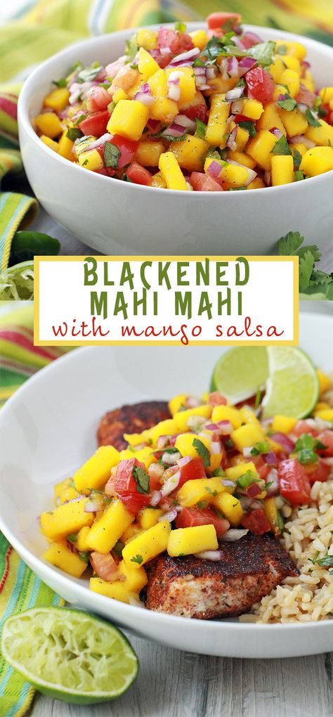 Salsas For Fish, Mahi Mahi Recipes With Mango Salsa, Meals With Mango Salsa, Mango Salsa Fish Recipes, Blackened Fish With Mango Salsa, Fish Taco With Mango Salsa Recipe, Mahi Mahi Recipes Blackened, Mango Mahi Mahi, Mahi Mahi And Zucchini