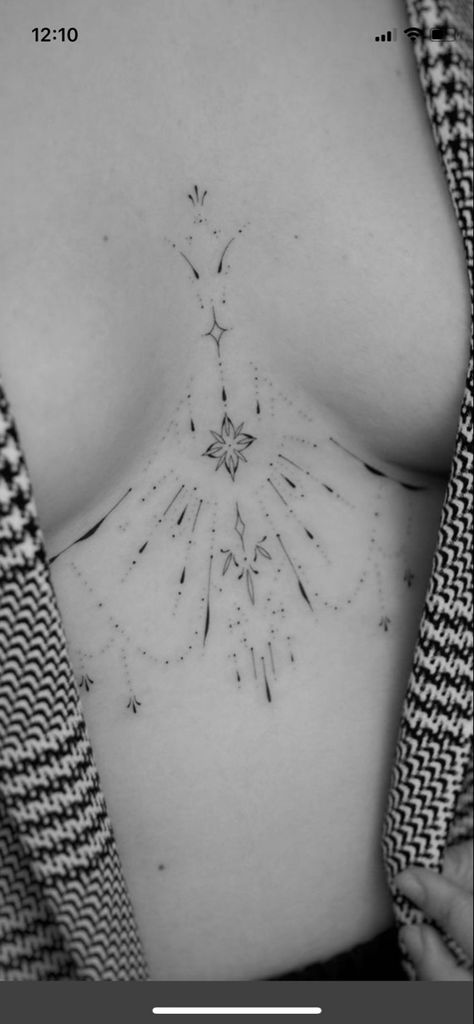 Celestial Neck Tattoo, Sternum Moon Tattoo, Sternum Ornamental Tattoo, Capoeira Tattoo, Breast Tattoos For Women Middle, Whimsical Tattoos For Women, Feminine Sternum Tattoo, Sternum Piece, Tattoo Under Chest