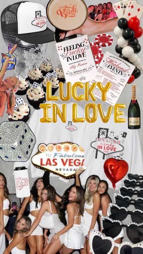 One of the cutest bachelorette themes of 2024. Lucky in Love is perfect for a Vegas bachelorette, valentines Bach party, or just anyone really feeling the love. 🎲♥️ Let this good times roll with this bachelorette vision board. Think heart balloons, Vegas decor, matching trucker hats and sweatshirts. Vegas Bachelorette Party Themes, Casino Bachelorette Party, Vegas Decor, Bachelorette Party Balloons, Love Bachelorette Party, Vegas Theme Party, Vegas Bride, Bachelorette Inspo, Las Vegas Bachelorette Party