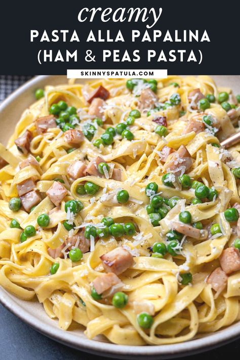 Pasta alla papalina is a creamy ham and peas pasta that’s easy to make and beyond delicious. Think of these fettuccine alla papalina as carbonara on steroids, with lots of parmesan cheese, ham instead of guanciale, and a surprise ingredient in the form of peas. Ham And Pea Carbonara, Ham Carbonara Recipe, Proscuitto Pasta, Ham And Peas Pasta, Ham And Pasta, Ham Pasta Recipes, Ham Peas And Pasta, Traditional Carbonara, Ham And Peas