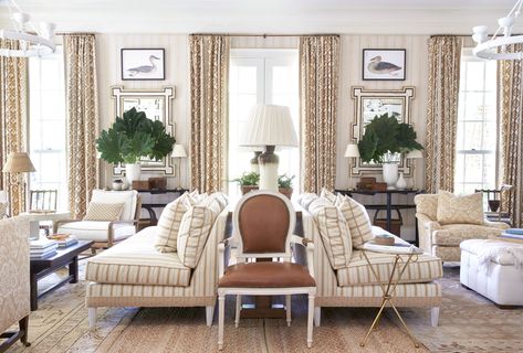 Love the layers of texture and pattern in this classic monochromatic design by Mark D. Sykes.    #livingroom #livingroomdesign #interiordesign #openliving #openplan Mark Sikes, Beach House Bedroom, Mark D Sikes, Southern Living Homes, American Decor, Elegant Kitchens, Southern Home, Beautiful Living Rooms, Ballard Designs