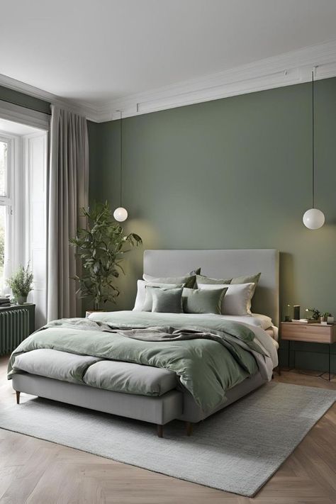 Green And Beige Room Ideas Bedroom, Room Ideas Aesthetic Grey Bed, Grey Bed With Green Walls, Green Beige And Grey Bedroom, Sage Green Zen Bedroom, Grey Emerald Bedroom, Grey Green Room Aesthetic, Bedroom In Green Color, Light Green Themed Bedroom