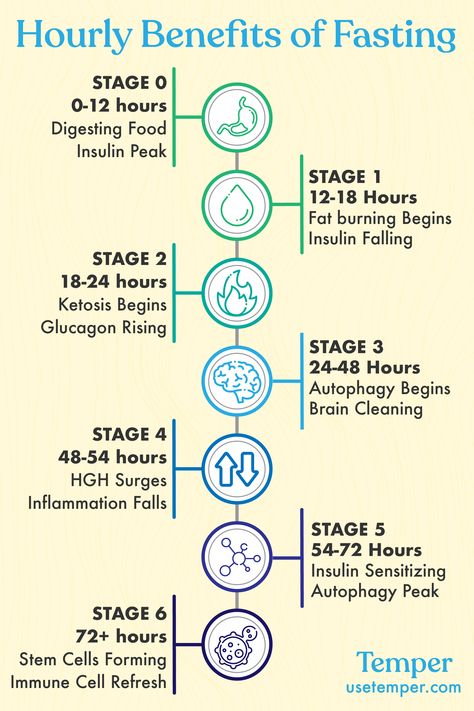 Hourly Benefits of Fasting
Stage 0
0-12 Hours
Digesting Food
Insulin Peak

Stage 1 
12-18 Hours
Fat Burning Begins
Insulin Falling

Stage 2
18-24 hours
Ketosis Begins
Glucagon Rising 

Stage 3 
24-48 hours
Autophagy Begins
Brain Cleaning

Stage 4
48-54 hours
HGH Surge
Inflammation Falls

Stage 5
54-72 hours
Insulin Sensitizing
Autophagy Peak


Stage 6 
72+ hours
Stem Cells Forming
Immune Cell Refresh Benefits Of Fasting, Fit Bodies, Intermittent Fasting Diet, Baking Soda Beauty Uses, Holistic Therapies, Fasting Diet, Health Facts, Stem Cells, Intermittent Fasting