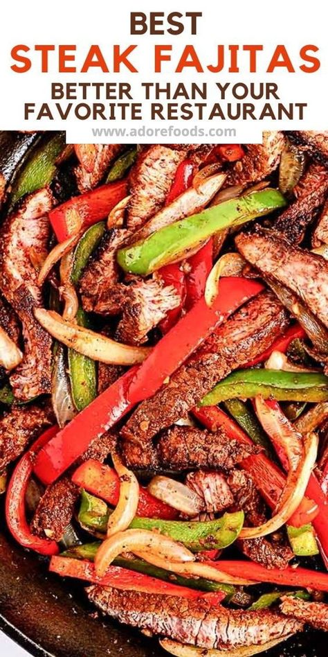 Steak Fajitas made with an easy homemade fajita seasoning, beef steak, bell peppers and onions in a one skillet in just 30 minutes!?| #steak #steakfajitas #fajitas #mexicanfood Best Steak Fajitas, Steak Fajita Marinade, Beef Fajita Recipe, Steak Fajitas Recipe, Homemade Fajitas, Easy Steak Fajitas, Steak Fajita Recipe, Fajita Marinade, The Best Steak