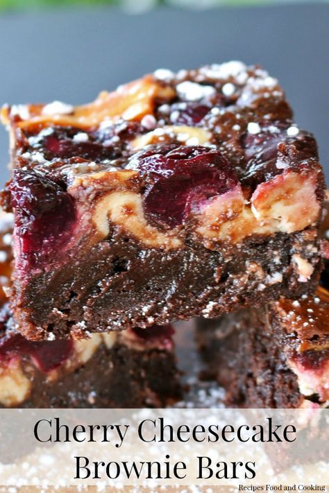 Cherry Cheesecake Brownie Bars start with a box brownie mix (or make your own) a layer of cheesecake filling and fresh sweet cherries. Cherry Chews, Cherry Cheesecake Brownies, Brownie Chocolate Chip Cookie, Chocolate Chip Cookie Dough Cake, Cheesecake Brownie Bars, Spring Cooking, Cookie Dough Cake, Brownie Bars, Cheesecake Brownie