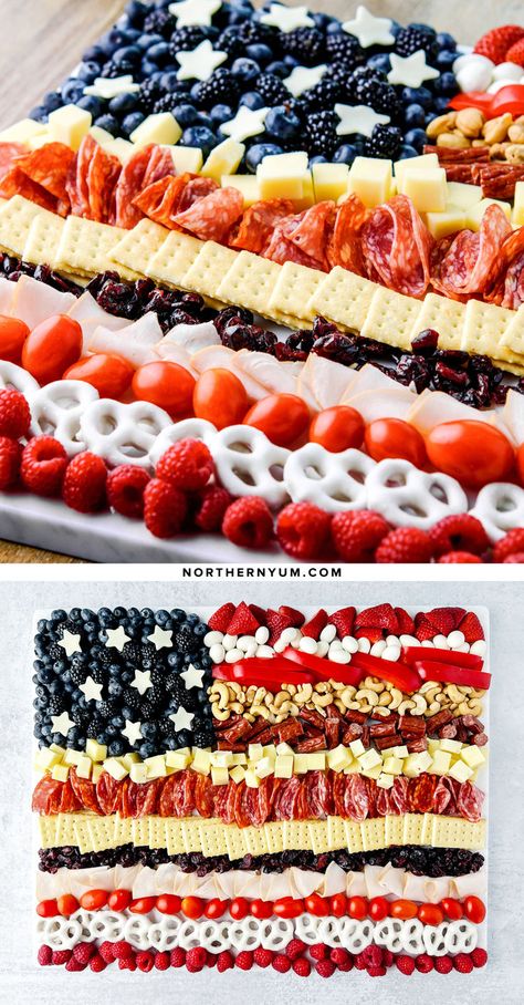 American Flag Charcuterie Board for July 4th and Memorial Day Usa Party Food, Flag Charcuterie Board, Red White And Blue Snacks, 4th Of July Appetizers, Blue Party Foods, Blue Treats, 4th July Food, Blue Snacks, Flag Food