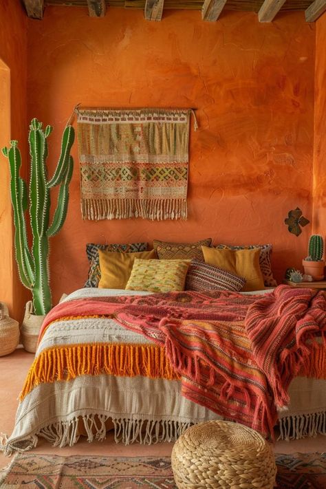 Red Boho Bedroom, Orange Boho Bedroom, Layered Textiles, Mexican Bedroom, Maroon Walls, Mustard Yellow Walls, Boho Bedroom Ideas, Spring Bedroom, Neutral Furniture