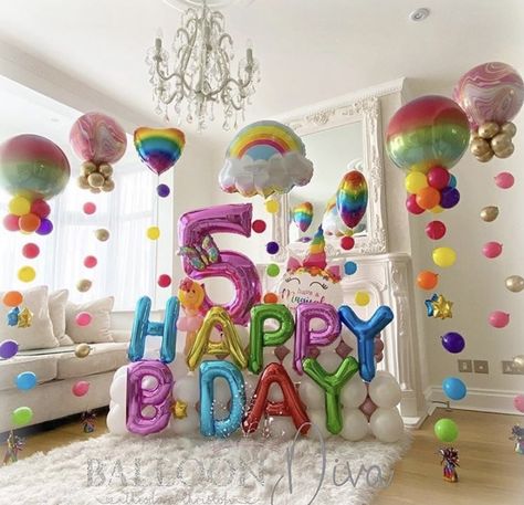 4 Birthday Decoration Ideas, High Chair Balloons, Art Birthday Decorations, Rainbow Birthday Balloons, Rainbow Theme Birthday Decorations, Dining Room Birthday Party Decor, Toddler Rainbow Birthday Party, Rainbow Bday Party Ideas, Room Full Of Balloons Birthday