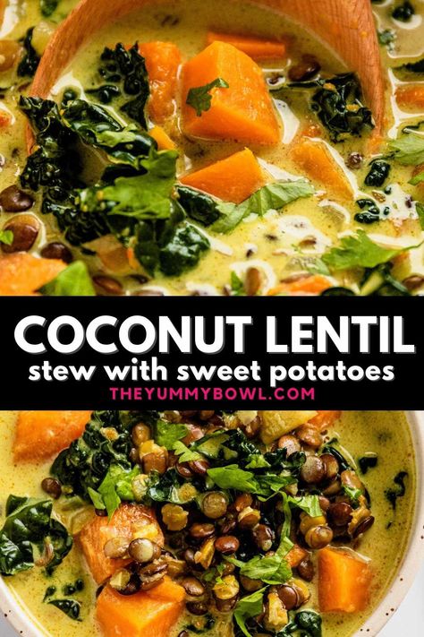 Thick and hearty Sweet Potato Lentil Stew is packed with good-for-you ingredients: delicious sweet potatoes, coconut milk, kale, and lentils! This lentil stew is incredibly filling and true comfort food in one bowl. Vegan, Dairy-free, Gluten-Free. Coconut Milk Stew, Ginger Sweet Potato, Lentil Stew, Tasty Vegetarian Recipes, Lentil Recipes, Vegan Dinner Recipes, Healthy Soup, Veggie Dishes, Healthy Ingredient