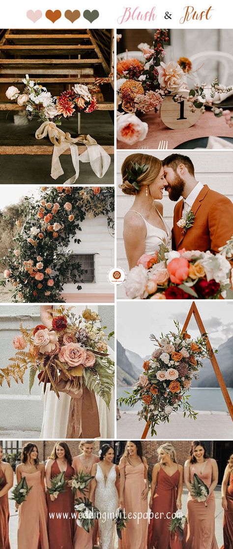 Dusty Rust Wedding Theme, Summer Rust Wedding, Copper And Blush Wedding Theme, Blush Copper Wedding, Terracotta And Blush Wedding Palette, October Wedding Pink Color Palettes, Rust And Blush Color Palette, Blush And Rust Color Palettes, Clay And Blush Wedding