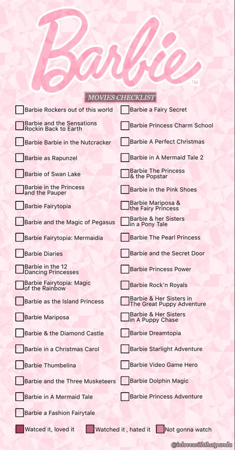 Girly Movies List, Barbie Movie Challenge, Barbie Movies To Watch, Every Barbie Movie List, List Of Barbie Movies, Barbie Movies List In Order, Disney Film Checklist, Barbie Watch List, Barbie Movie Marathon Aesthetic