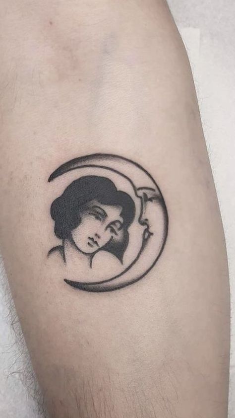 #tattooart #tattooedwomen #tattoomoodboard Patch Work Traditional Tattoo Sleeve, 1920s Woman Tattoo, American Traditional Tiny Tattoo, Traditional Inspired Tattoos, Vintage Looking Tattoos, Man In The Moon Tattoo, American Traditional Moon Tattoo, Small Vintage Tattoo, Dali Tattoo Ideas