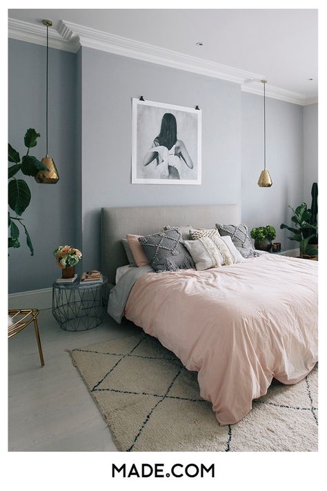 Millennial pink linen bed spread with textured cushions scattered, complemented by neutral, soft grey walls and art print. Step inside the South West London Home of Sommer Pyne to see more interior inspiration. Gray Bedroom Walls, Grey Bedroom, Woman Bedroom, Gray Bedroom, Grey Bedding, Master Bedrooms Decor, Main Bedroom, Room Inspiration Bedroom, Room Ideas Bedroom